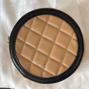 Quilted Round Crossbody Bag in Camel with Black Trim cc like